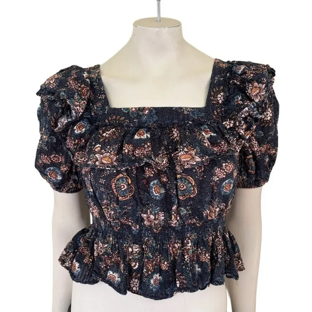 ULLA JOHNSON Warner Floral Ruffle Puff-Sleeve Peplum Blouse in Twilight SZ S